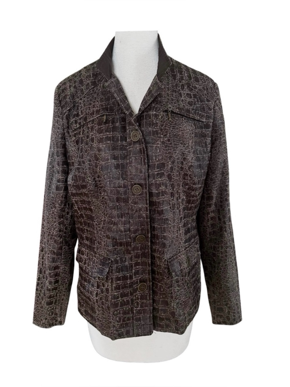 JONI B Womens Brown Snake Print Blazer Jacket Faux Leather Coat Size L Large